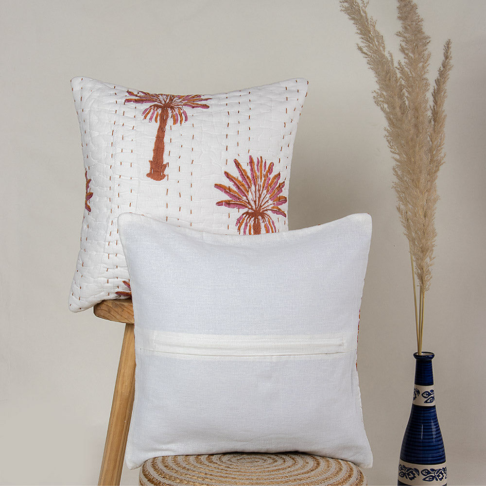 Luxury Brown Palm Tree Printed Kantha Quilted Cushion Pattern